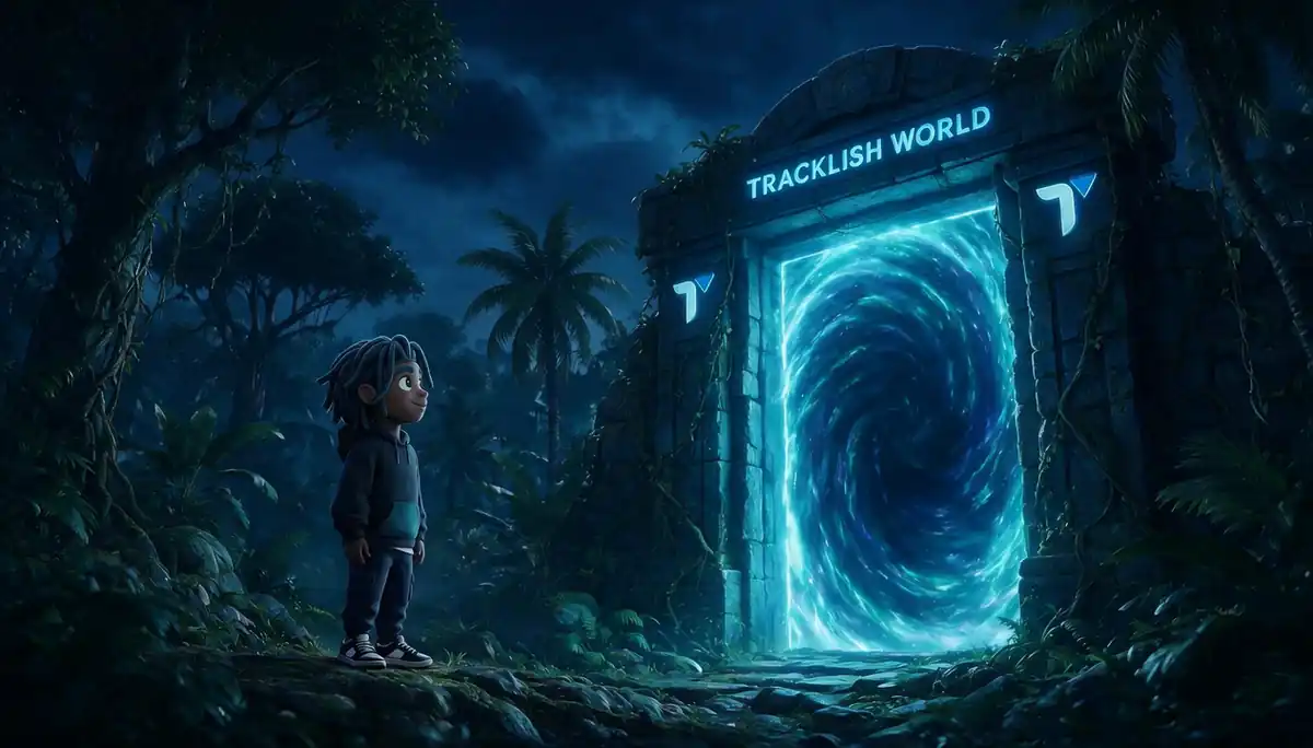 The Tracklish mascot in a jungle at night, looking at a glowing stone gate that reads Tracklish World